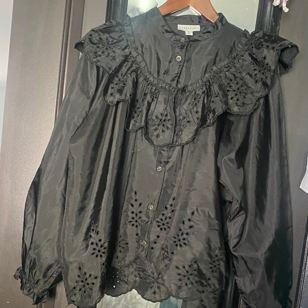 Topshop Black Eyelet Ruffle Button-Down Blouse